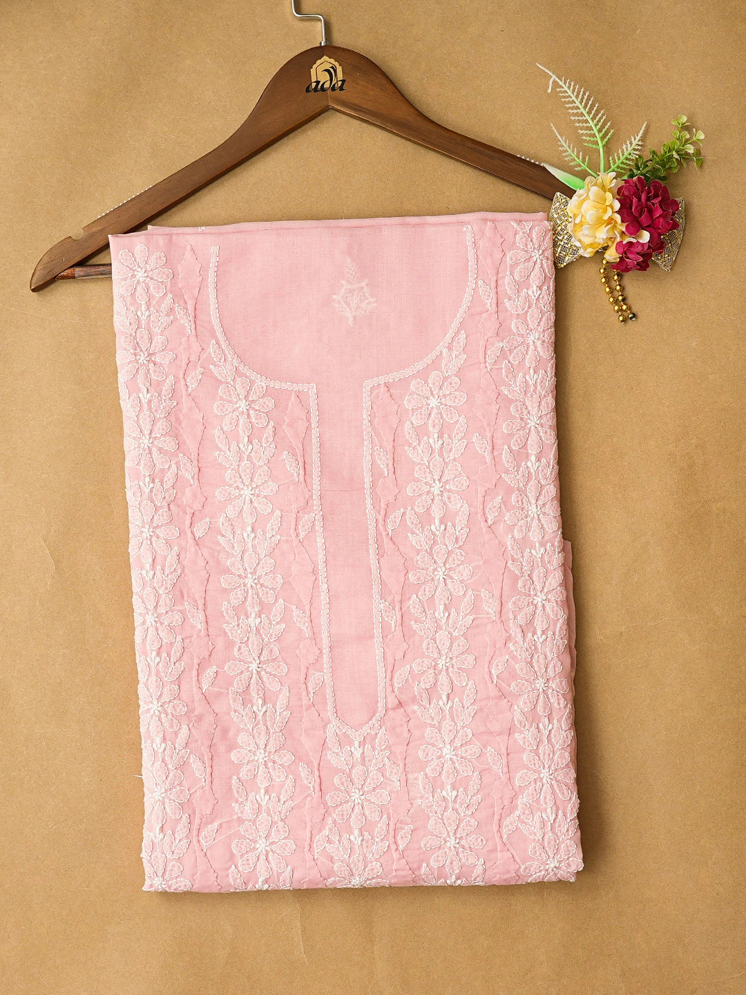 Ada Hand Embroidered Pink Cotton Lucknowi Chikankari Unstitched Kurta Piece 01A772774