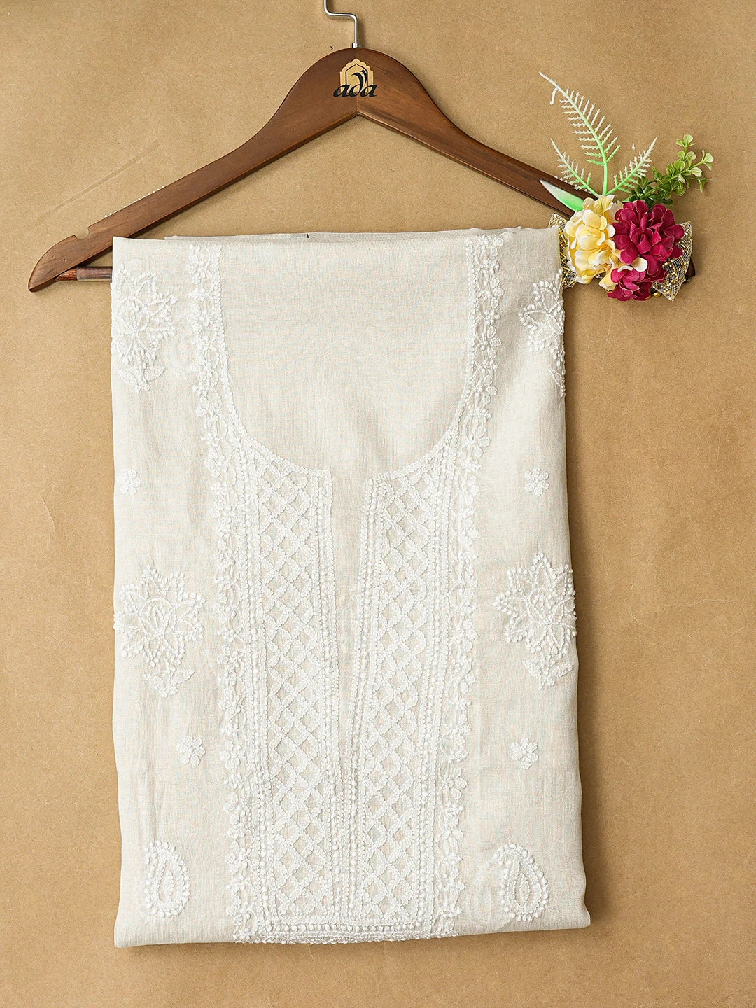 Ada Hand Embroidered Light Grey Tissue Lucknowi Chikankari Unstitched Kurta Piece 01A783183