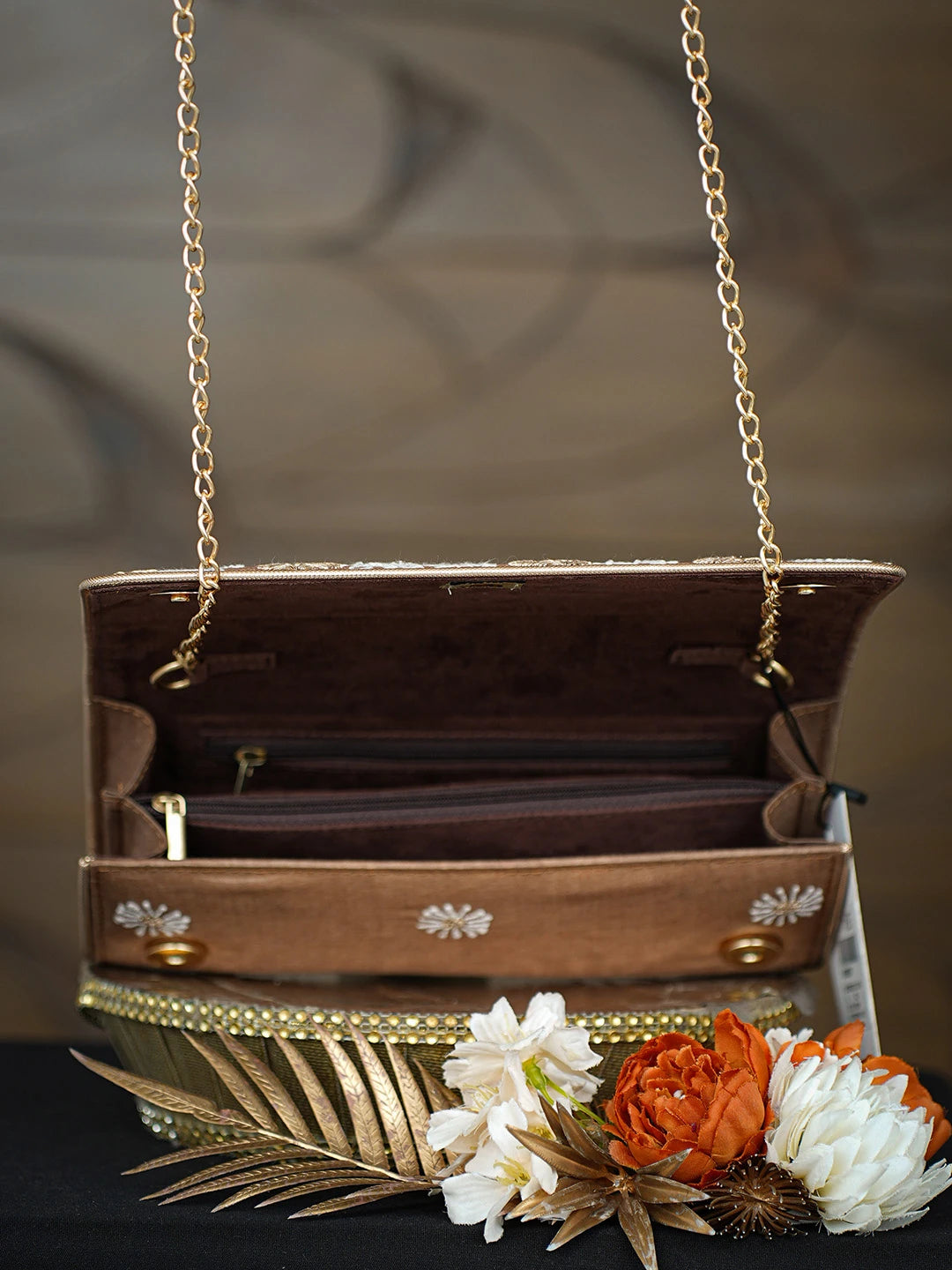 Ada Hand Embroidered Brown Silk Lucknowi Chikankari Clutch With Zari Work 01A808307