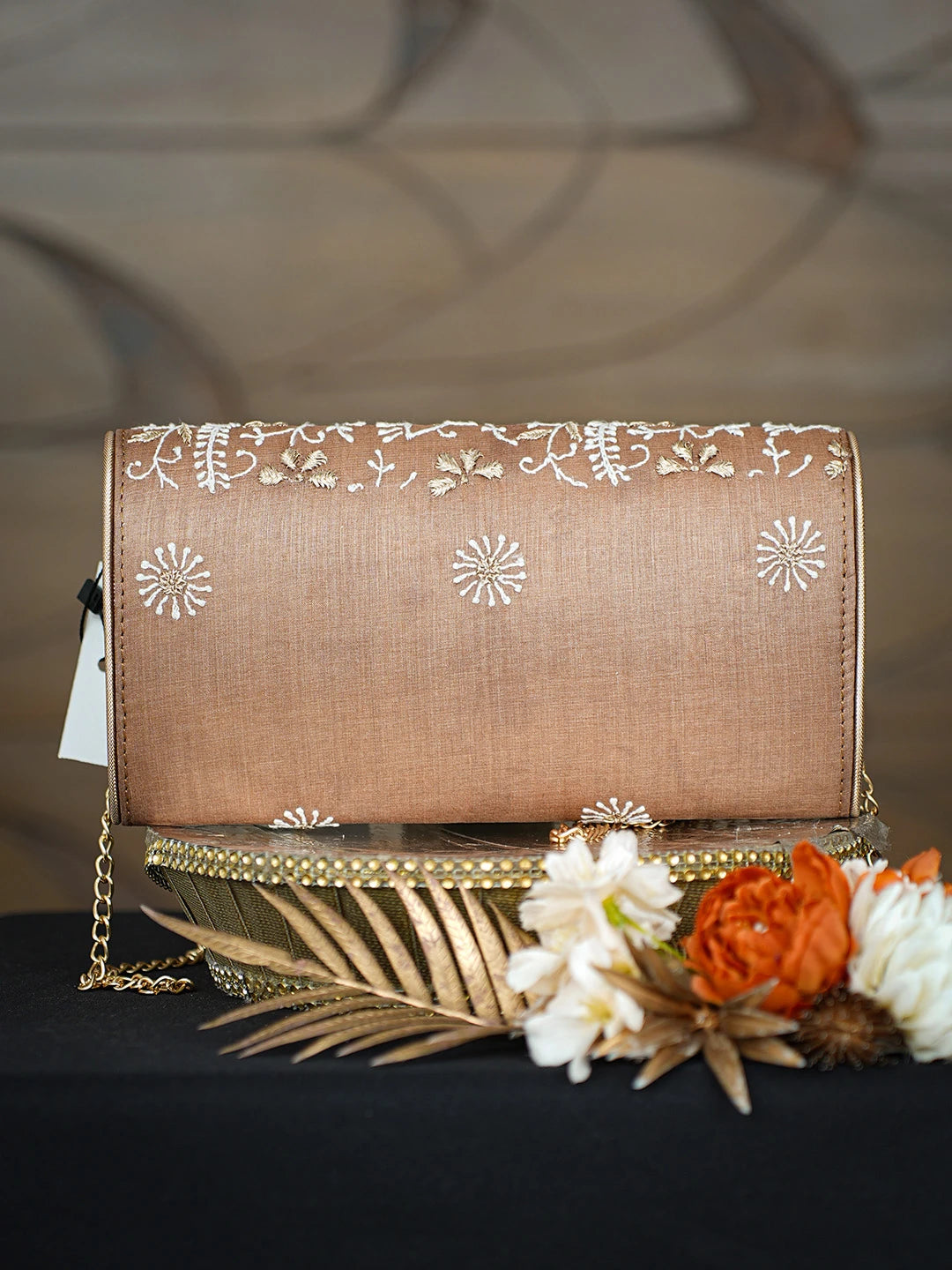 Ada Hand Embroidered Brown Silk Lucknowi Chikankari Clutch With Zari Work 01A808307