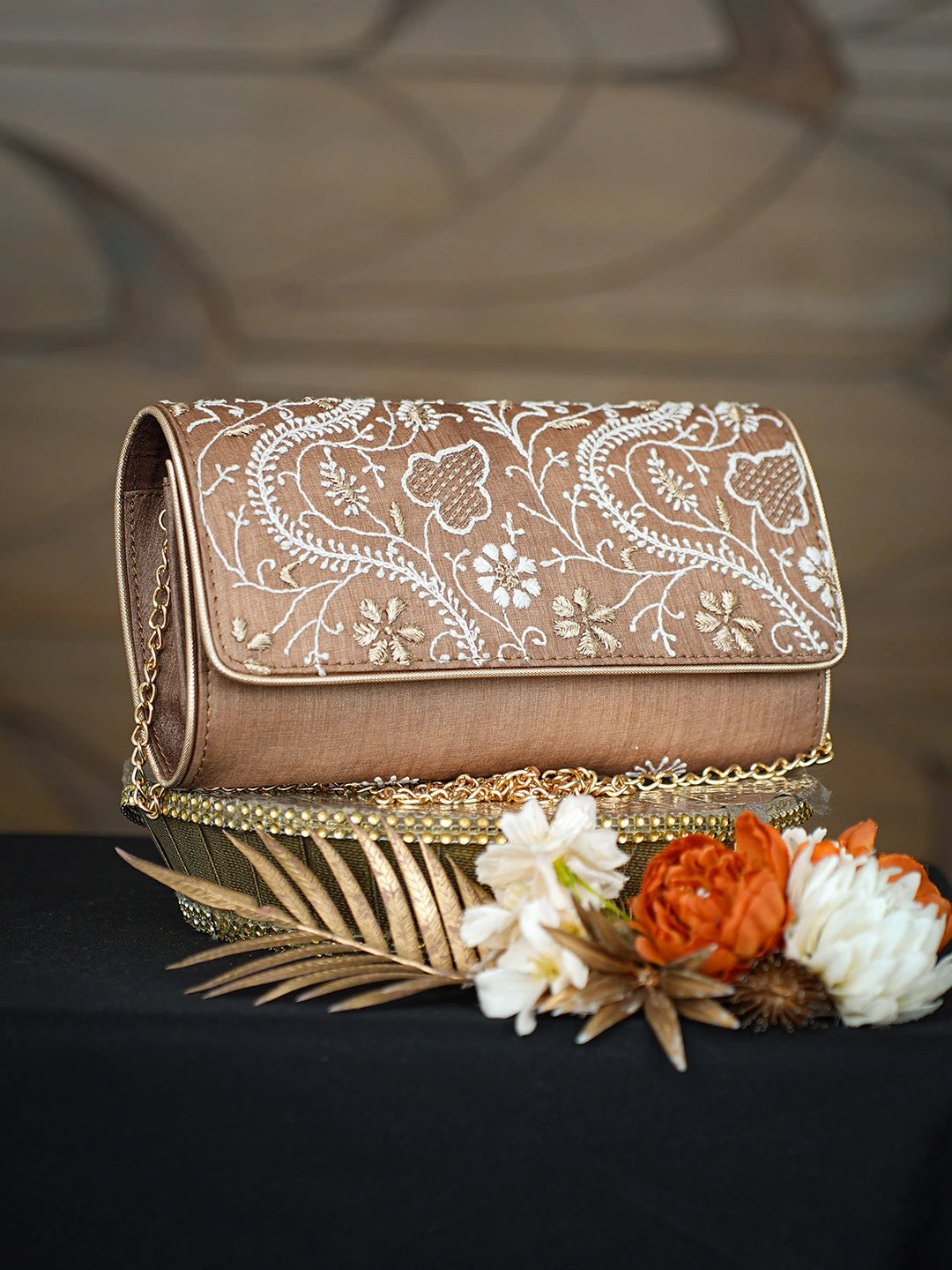 Ada Hand Embroidered Brown Silk Lucknowi Chikankari Clutch With Zari Work 01A808307