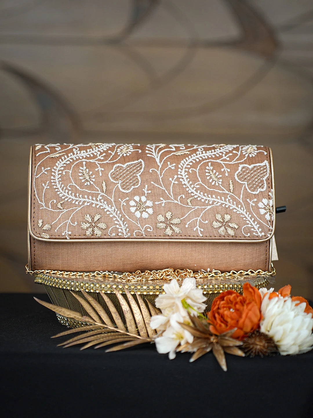 Ada Hand Embroidered Brown Silk Lucknowi Chikankari Clutch With Zari Work 01A808307