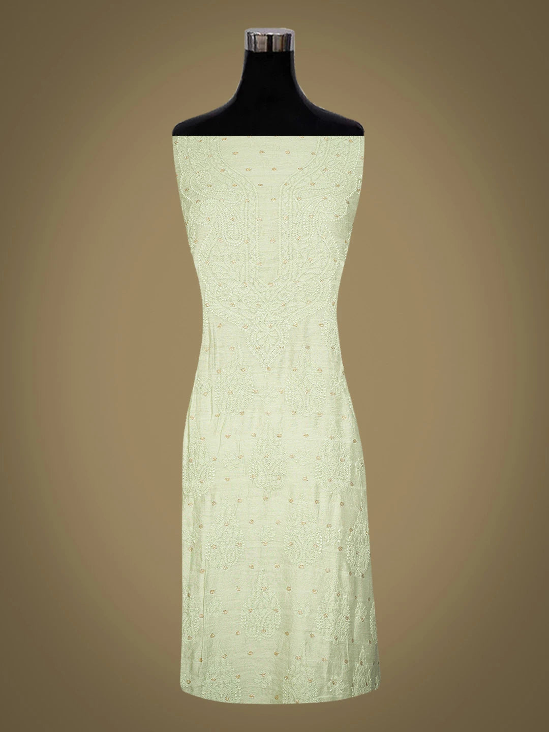Ada Hand Embroidered Light Green Chanderi Lucknowi Chikankari Unstitched Kurta Piece With Zari Taar Work 01A795360