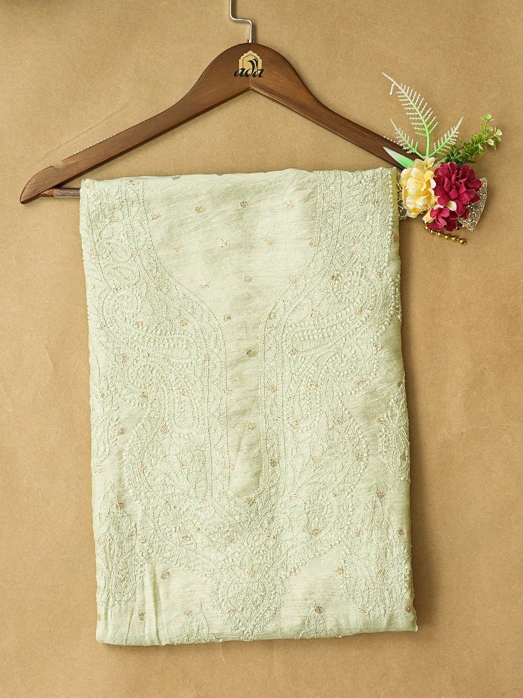 Ada Hand Embroidered Light Green Chanderi Lucknowi Chikankari Unstitched Kurta Piece With Zari Taar Work 01A795360