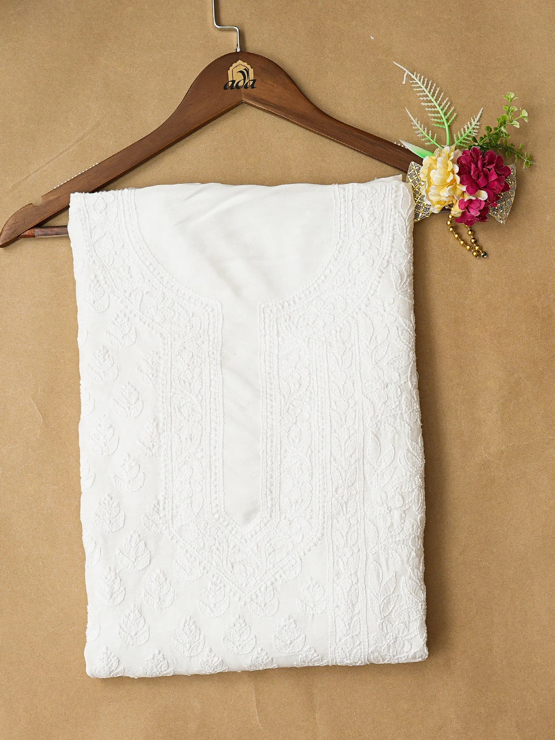 Ada Hand Embroidered White Muslin Lucknowi Chikankari Unstitched Kurta Piece 01A443196