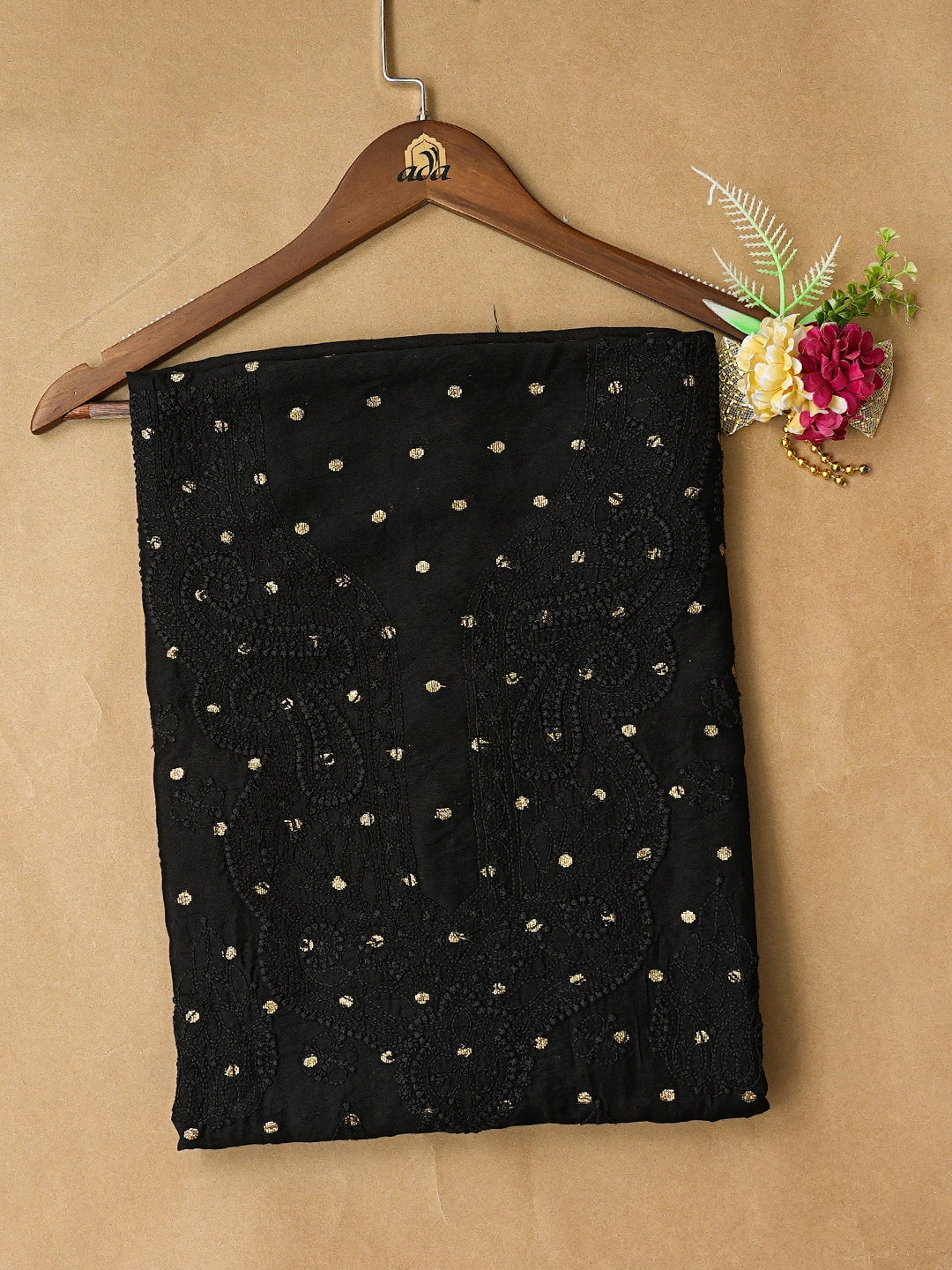 Ada Hand Embroidered Black Chanderi Lucknowi Chikankari Unstitched Kurta Piece With Zari Taar Work 01A795361