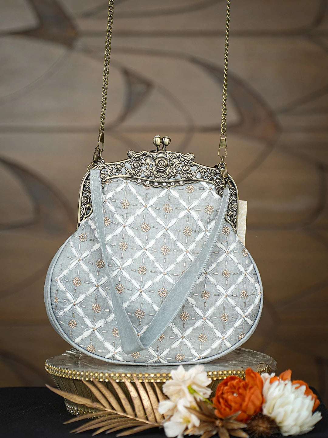 Ada Hand Embroidered Grey Silk Lucknowi Chikankari Clutch With Zari Work 01A791565