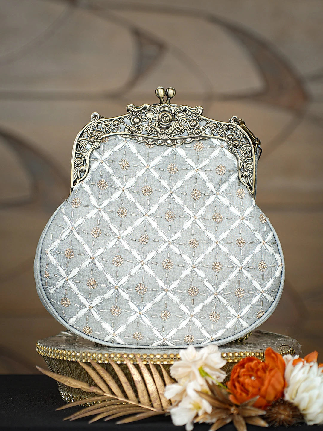 Ada Hand Embroidered Grey Silk Lucknowi Chikankari Clutch With Zari Work 01A791565
