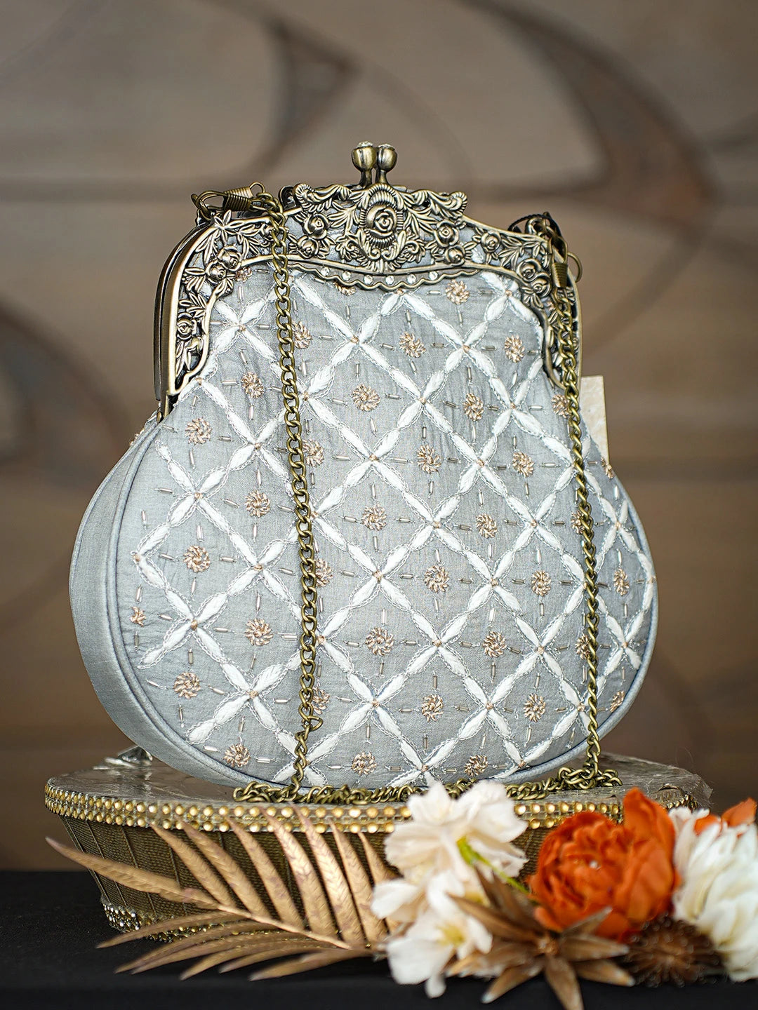 Ada Hand Embroidered Grey Silk Lucknowi Chikankari Clutch With Zari Work 01A791565
