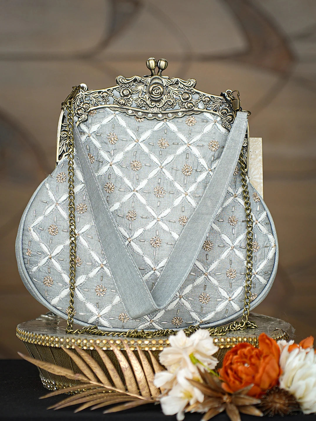 Ada Hand Embroidered Grey Silk Lucknowi Chikankari Clutch With Zari Work 01A791565