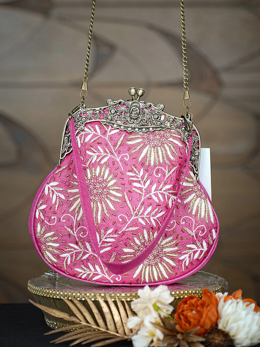 Ada Hand Embroidered Magenta Silk Lucknowi Chikankari Clutch With Zari Work 01A791560