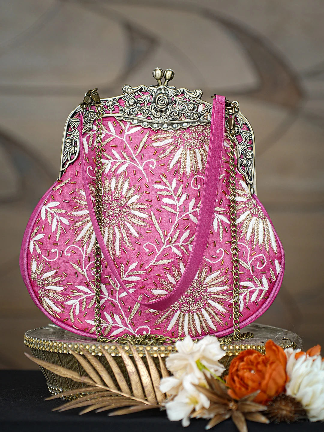 Ada Hand Embroidered Magenta Silk Lucknowi Chikankari Clutch With Zari Work 01A791560