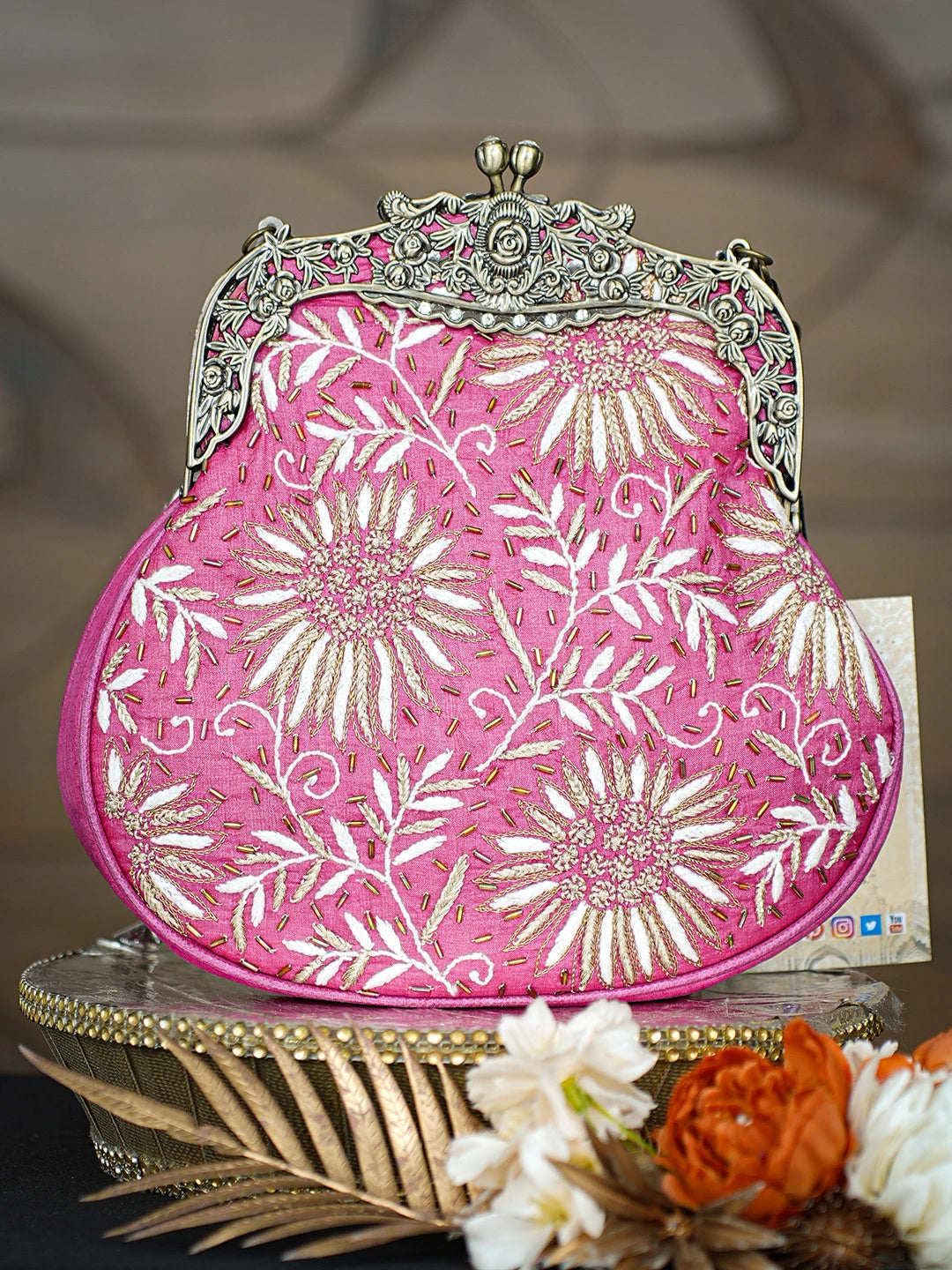 Ada Hand Embroidered Magenta Silk Lucknowi Chikankari Clutch With Zari Work 01A791560