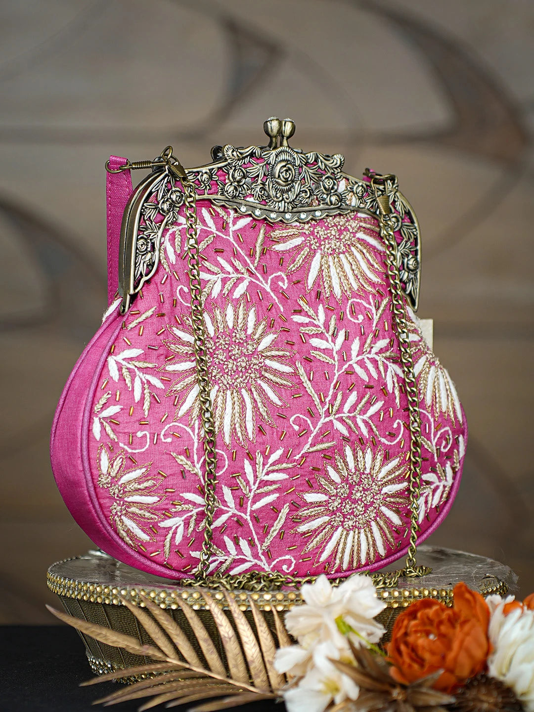 Ada Hand Embroidered Magenta Silk Lucknowi Chikankari Clutch With Zari Work 01A791560