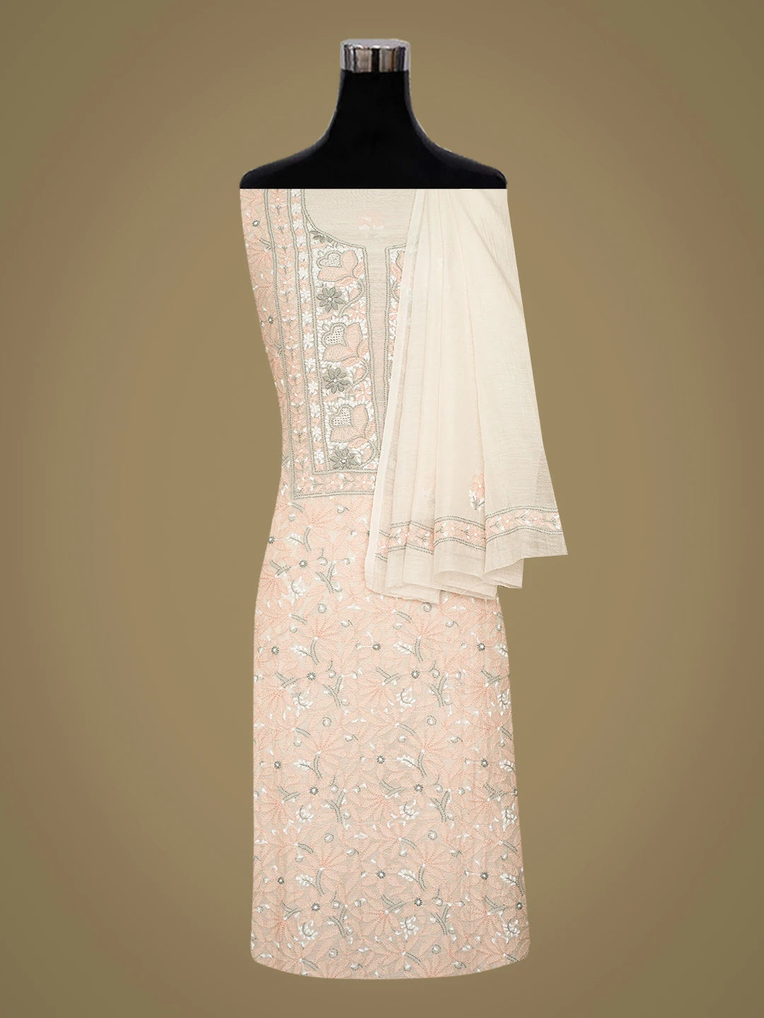 Ada Hand Embroidered Off White Chanderi Lucknowi Chikankari Unstitched Kurta Dupatta Set 01A722345