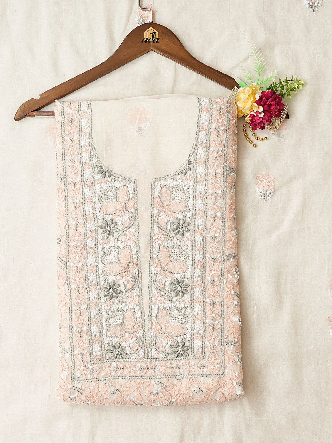 Ada Hand Embroidered Off White Chanderi Lucknowi Chikankari Unstitched Kurta Dupatta Set 01A722345