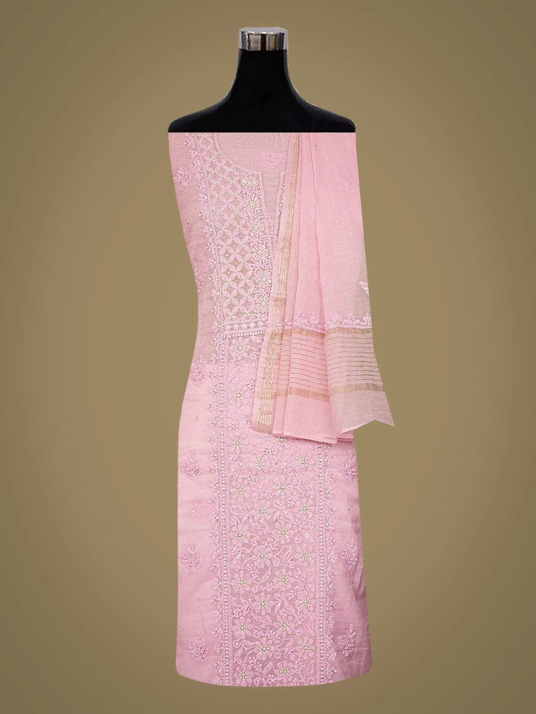 Ada Hand Embroidered Pink Chanderi Lucknowi Chikankari Unstitched Kurta Dupatta Set With Pearl Work 01A699618