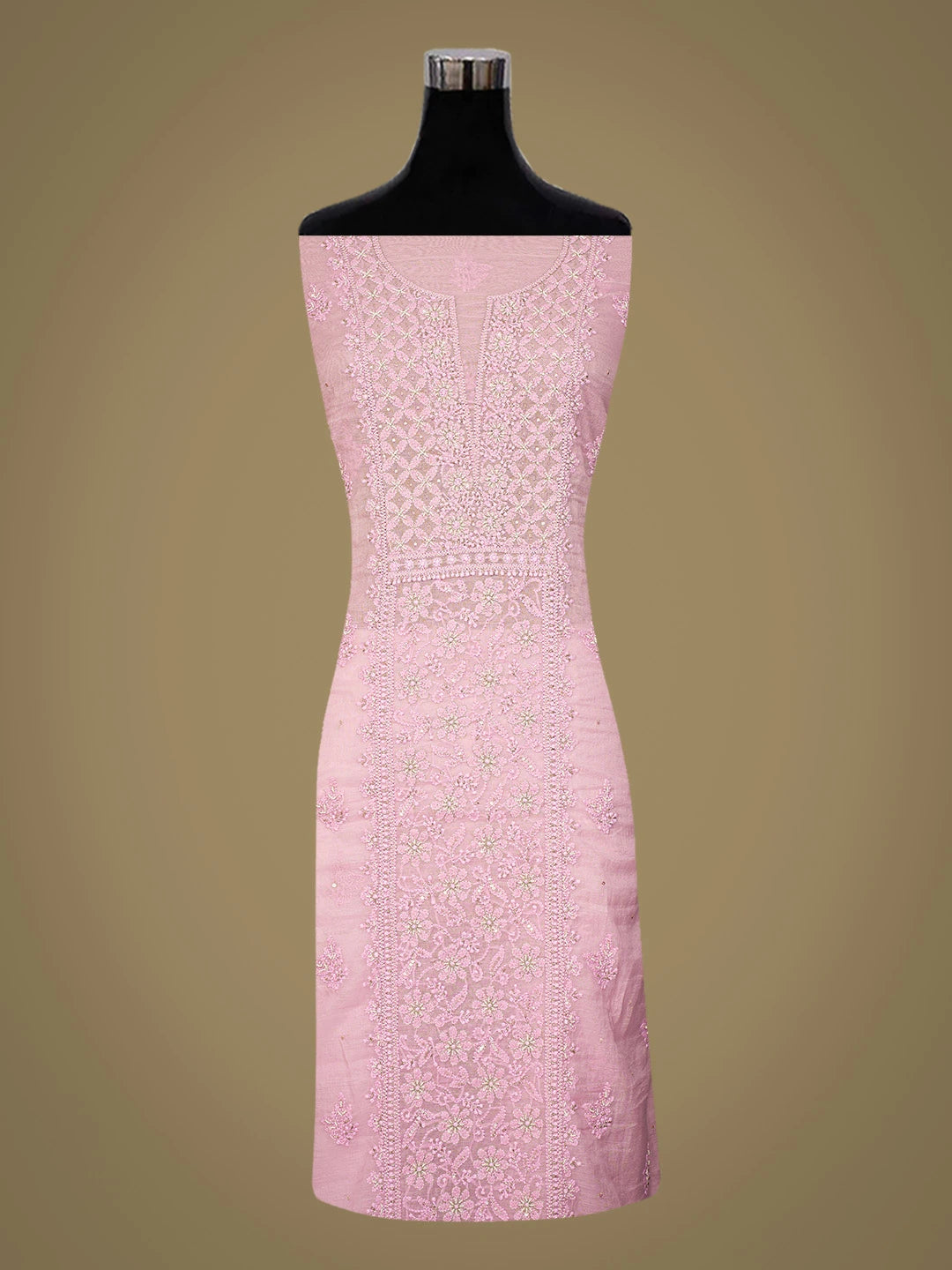 Ada Hand Embroidered Pink Chanderi Lucknowi Chikankari Unstitched Kurta Dupatta Set With Pearl Work 01A699618
