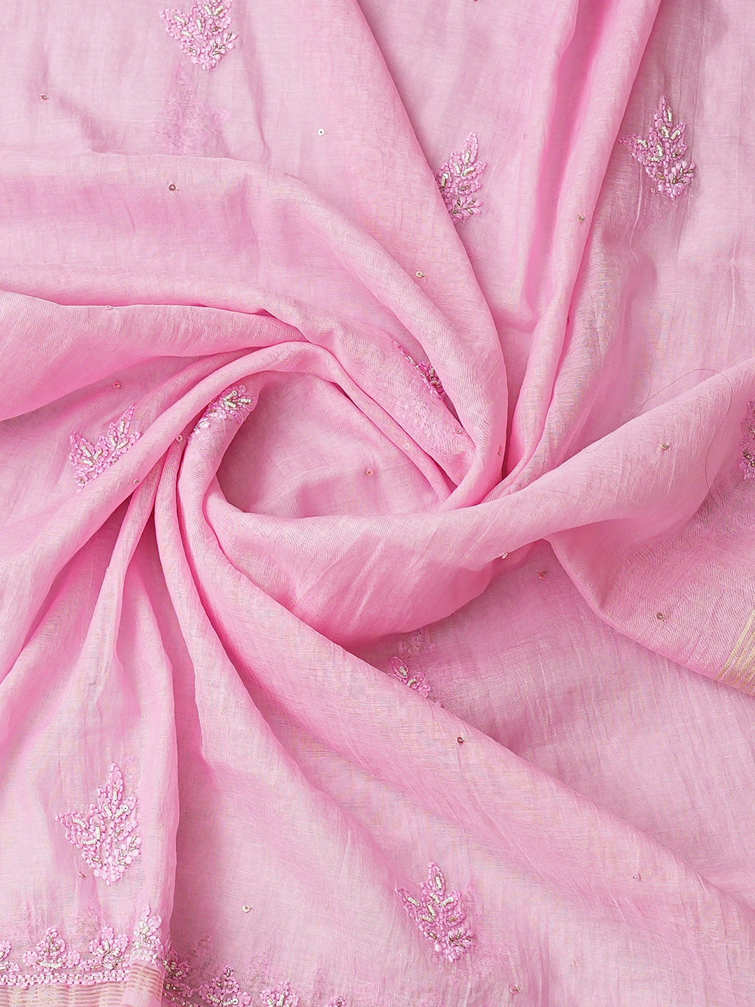 Ada Hand Embroidered Pink Chanderi Lucknowi Chikankari Unstitched Kurta Dupatta Set With Pearl Work 01A699618