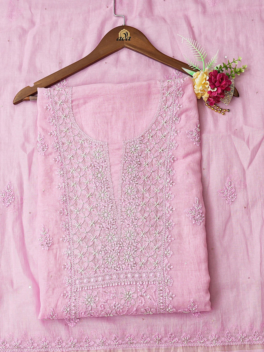 Ada Hand Embroidered Pink Chanderi Lucknowi Chikankari Unstitched Kurta Dupatta Set With Pearl Work 01A699618