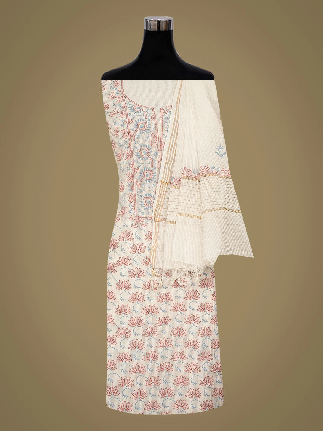 Ada Hand Embroidered Off White Kota Chanderi Lucknowi Chikankari Unstitched Kurta Dupatta Set 01A412772