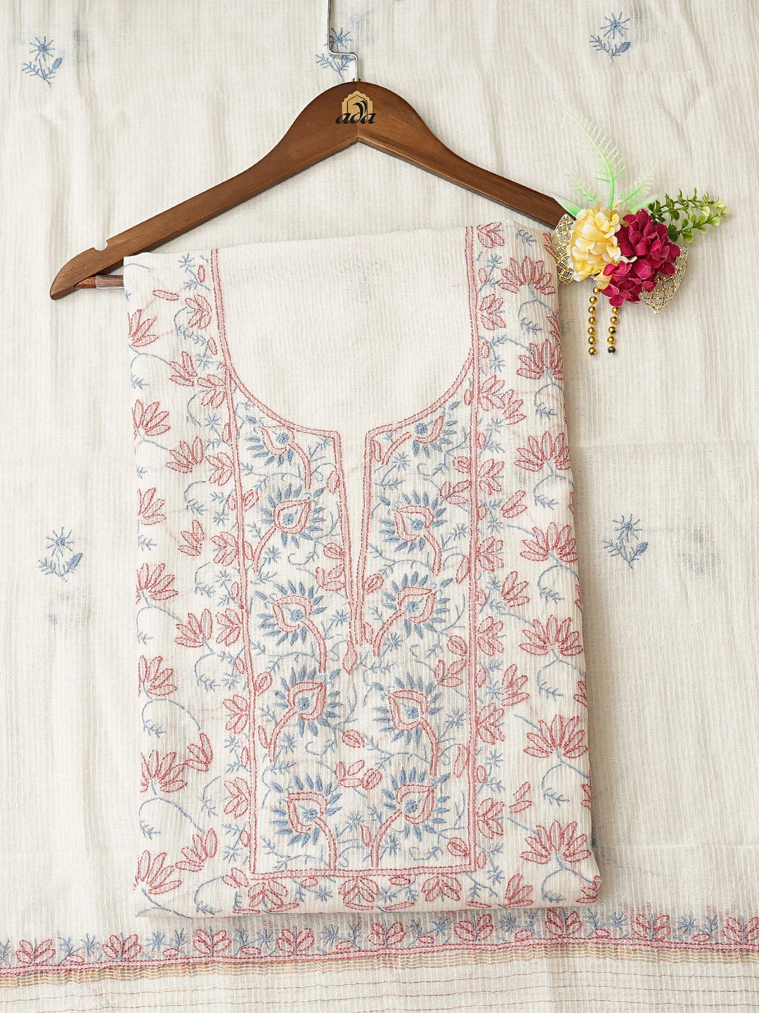 Ada Hand Embroidered Off White Kota Chanderi Lucknowi Chikankari Unstitched Kurta Dupatta Set 01A412772