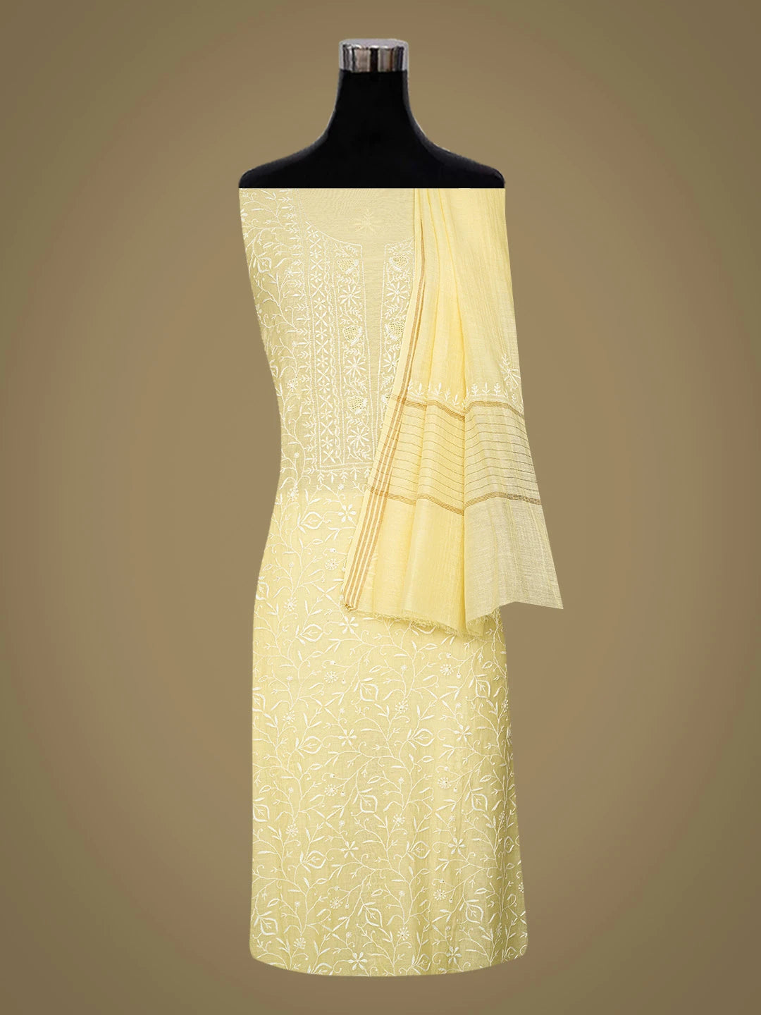 Ada Hand Embroidered Yellow Chanderi Lucknowi Chikankari Unstitched Kurta Dupatta Set 01A664536