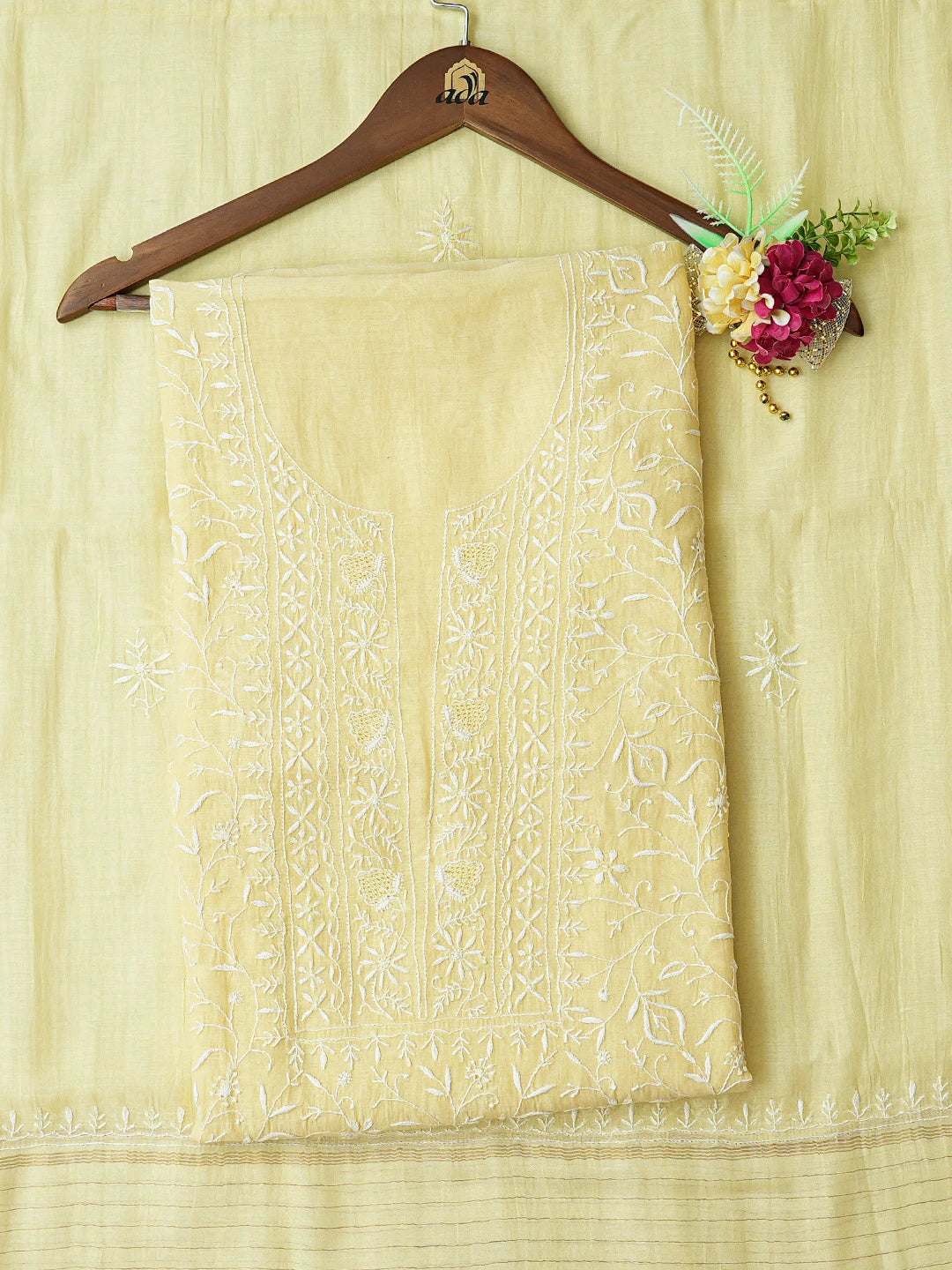 Ada Hand Embroidered Yellow Chanderi Lucknowi Chikankari Unstitched Kurta Dupatta Set 01A664536