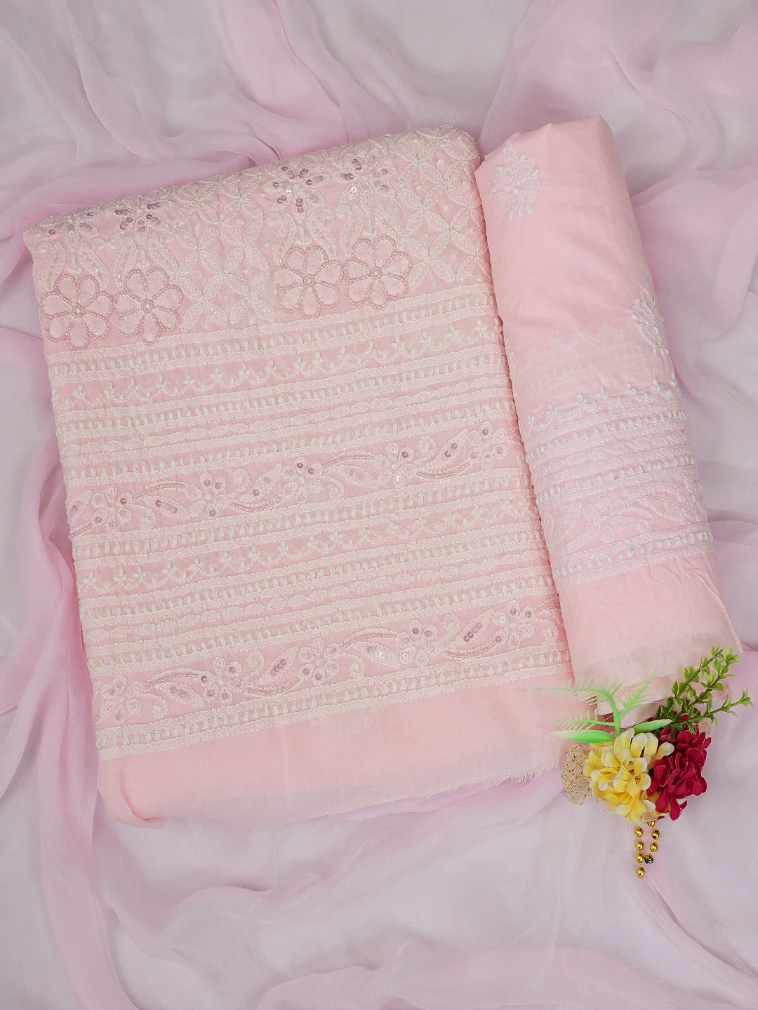 Ada Hand Embroidered Pink Cotton Lucknowi Chikankari Unstitched Suit Piece With Sequinned Work 01A791874