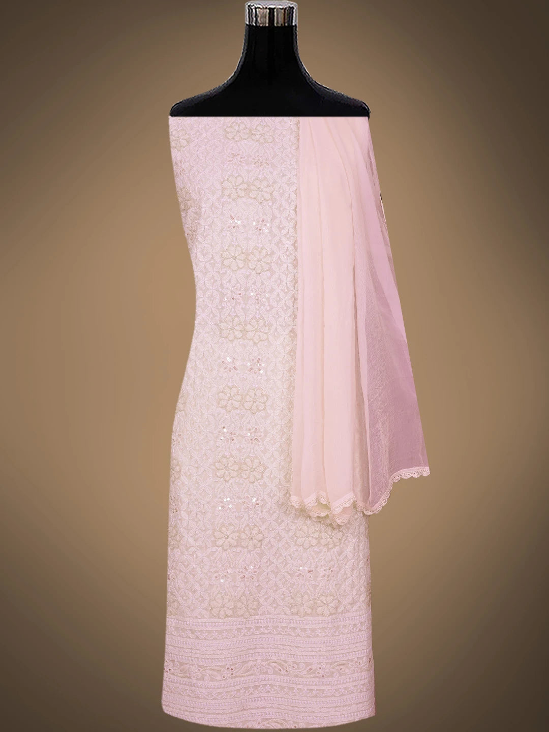 Ada Hand Embroidered Pink Cotton Lucknowi Chikankari Unstitched Suit Piece With Sequinned Work 01A791874