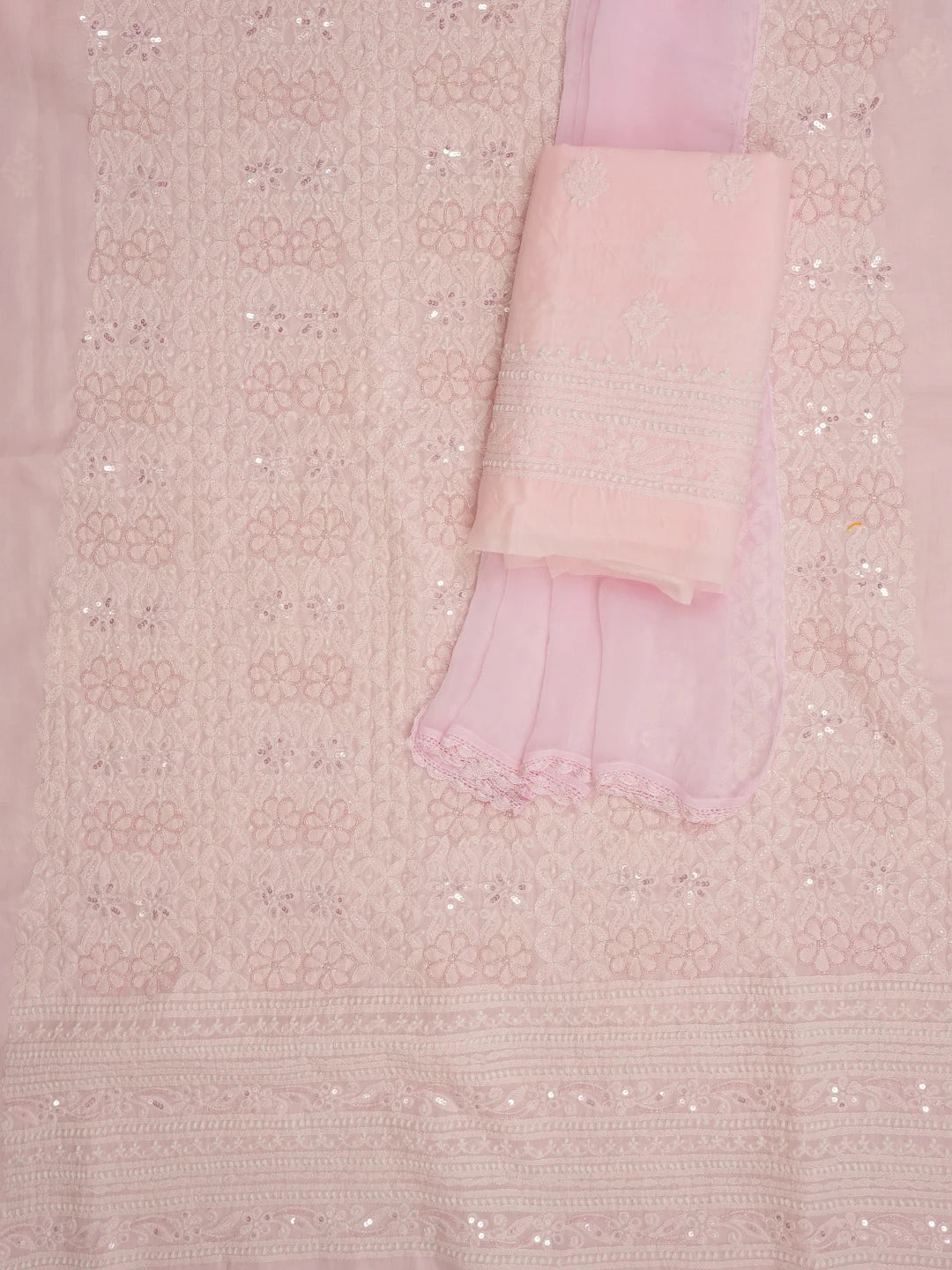 Ada Hand Embroidered Pink Cotton Lucknowi Chikankari Unstitched Suit Piece With Sequinned Work 01A791874