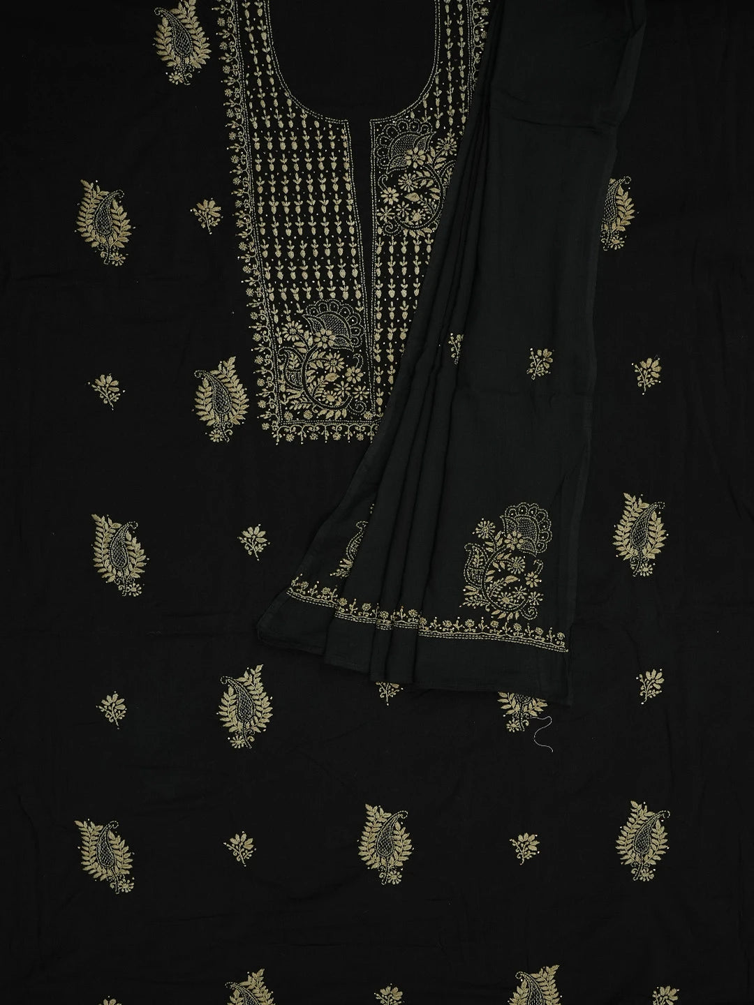 Ada Hand Embroidered Black Cotton Lucknowi Chikankari Unstitched Kurta Dupatta Set 01A760123