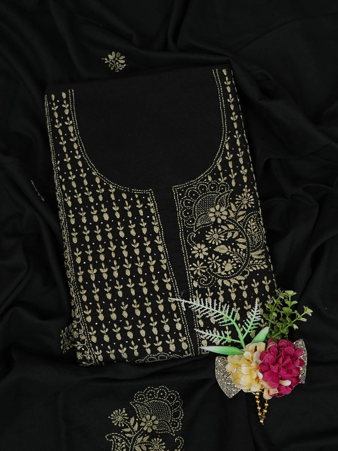 Ada Hand Embroidered Black Cotton Lucknowi Chikankari Unstitched Kurta Dupatta Set 01A760123