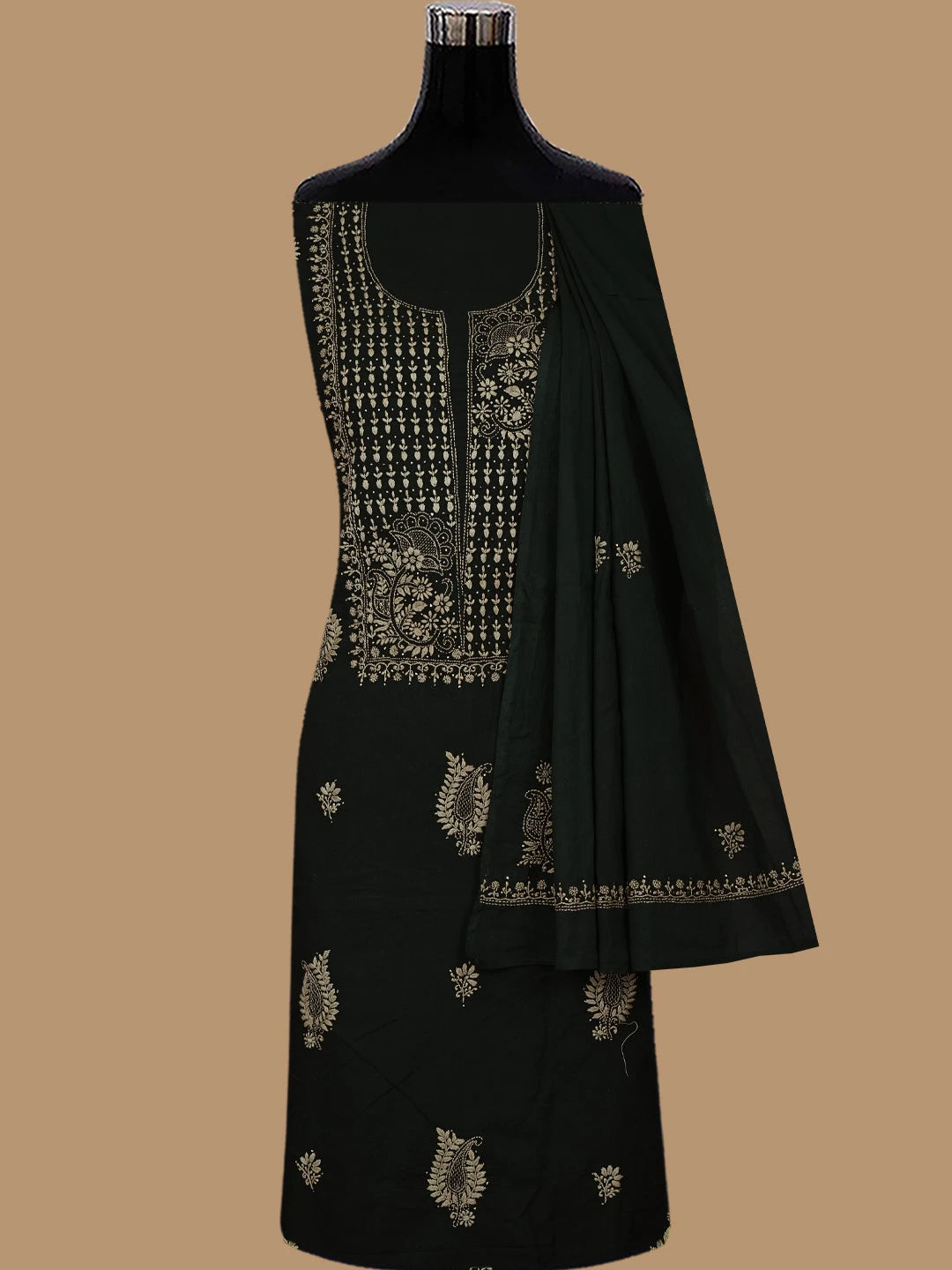 Ada Hand Embroidered Black Cotton Lucknowi Chikankari Unstitched Kurta Dupatta Set 01A760123
