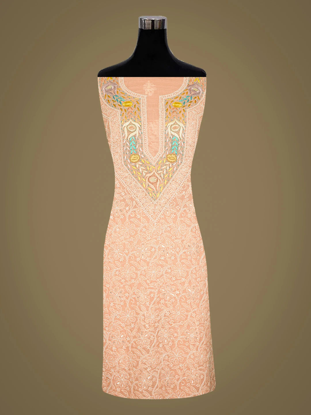 Ada Hand Embroidered Peach Cotton Lucknowi Chikankari Unstitched Kurta Piece With Parsi Work 01A288123