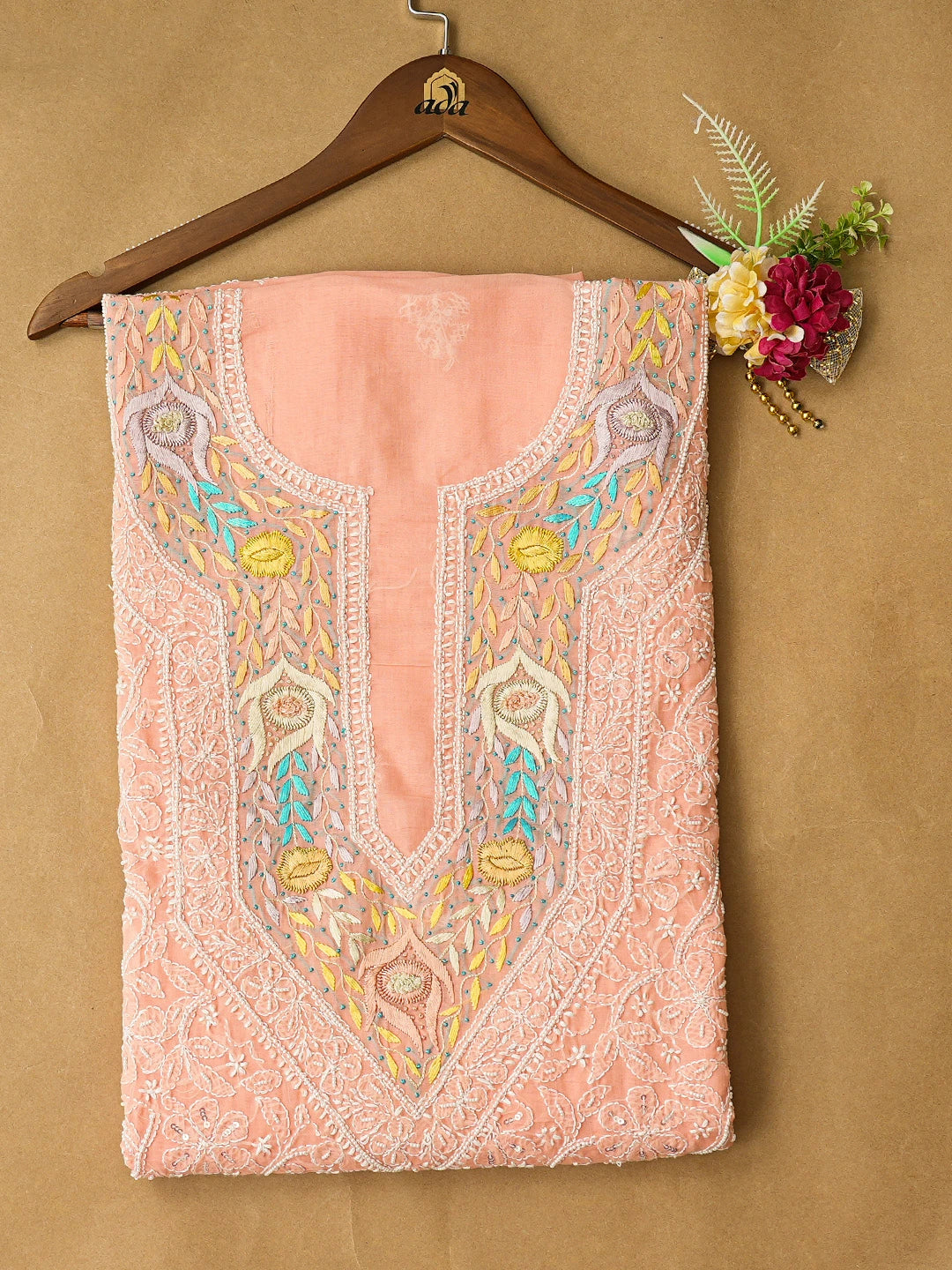 Ada Hand Embroidered Peach Cotton Lucknowi Chikankari Unstitched Kurta Piece With Parsi Work 01A288123