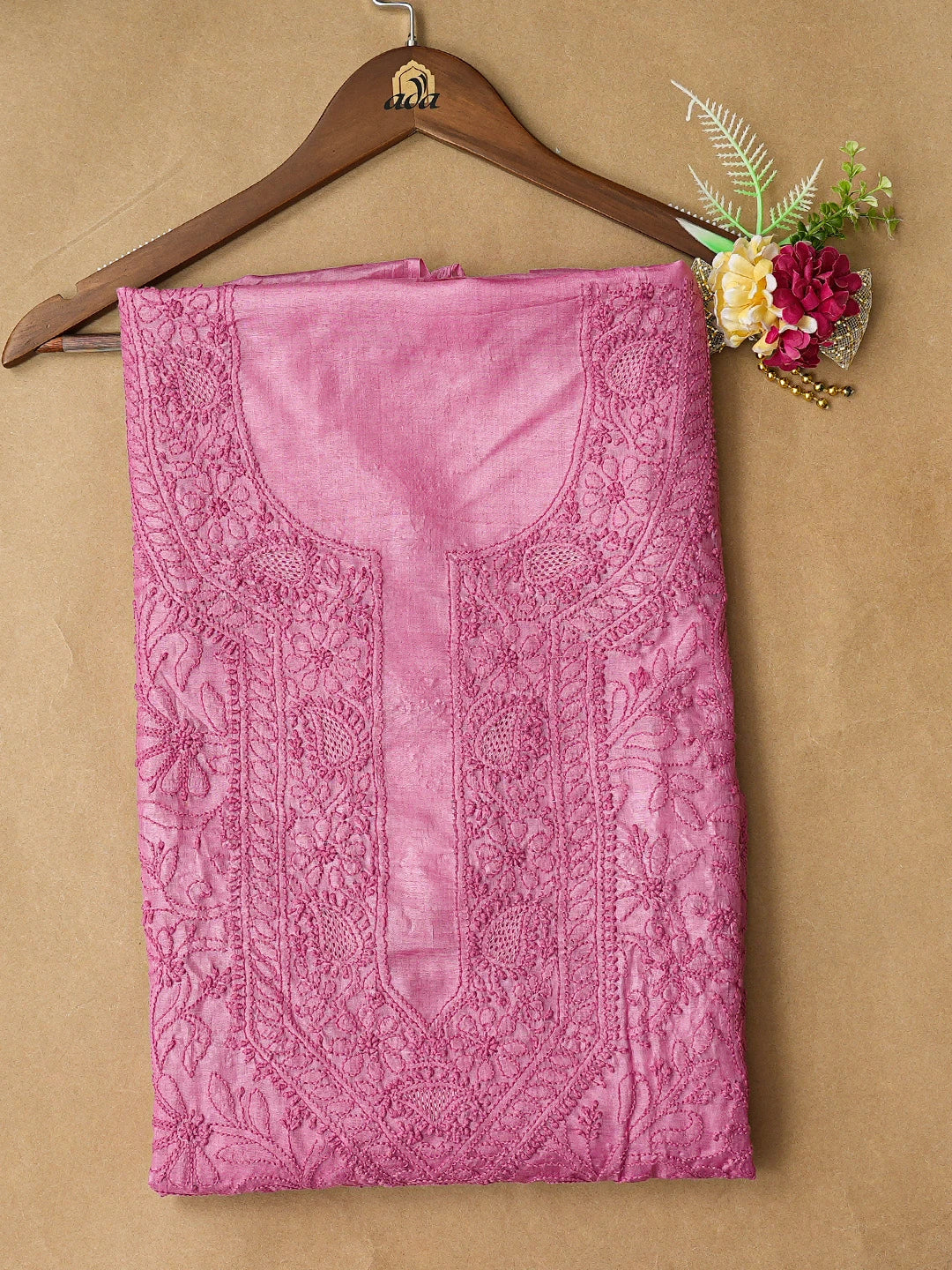 Ada Hand Embroidered Onion Pink Silk Lucknowi Chikankari Unstitched Kurta Piece 01A722170