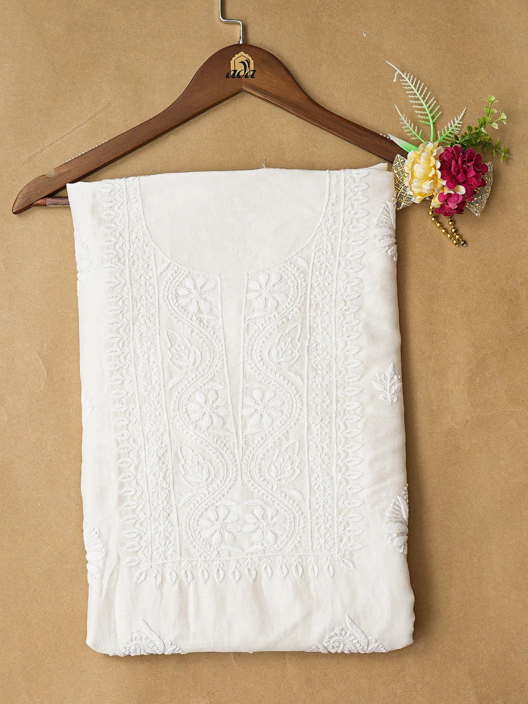 Ada Hand Embroidered White Chanderi Lucknowi Chikankari Unstitched Kurta Piece 01A784961