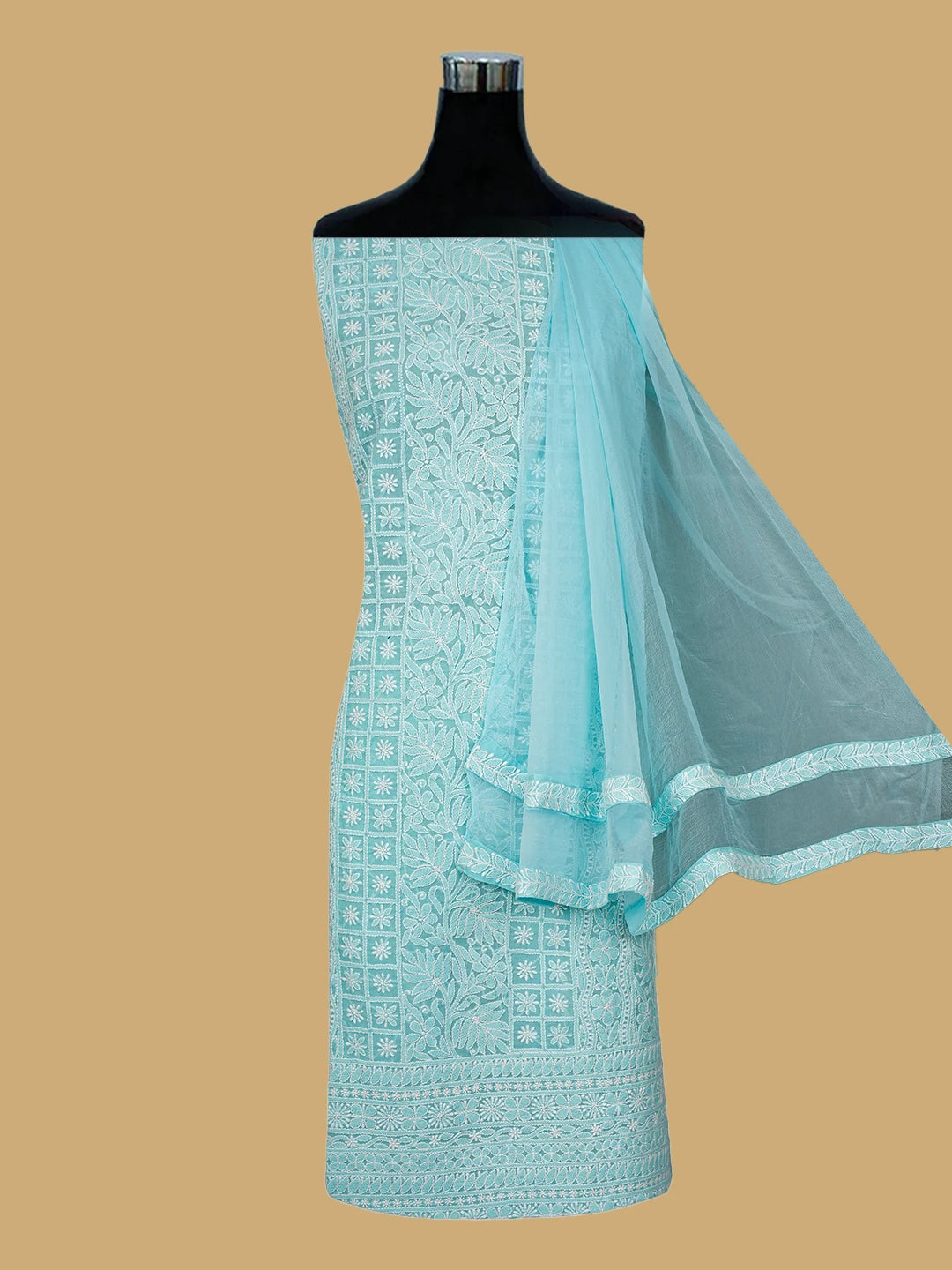 Ada Hand Embroidered Blue Cotton Lucknowi Chikankari Unstitched Suit Piece 01A767095