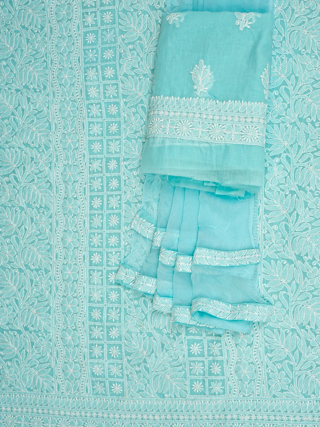 Ada Hand Embroidered Blue Cotton Lucknowi Chikankari Unstitched Suit Piece 01A767095