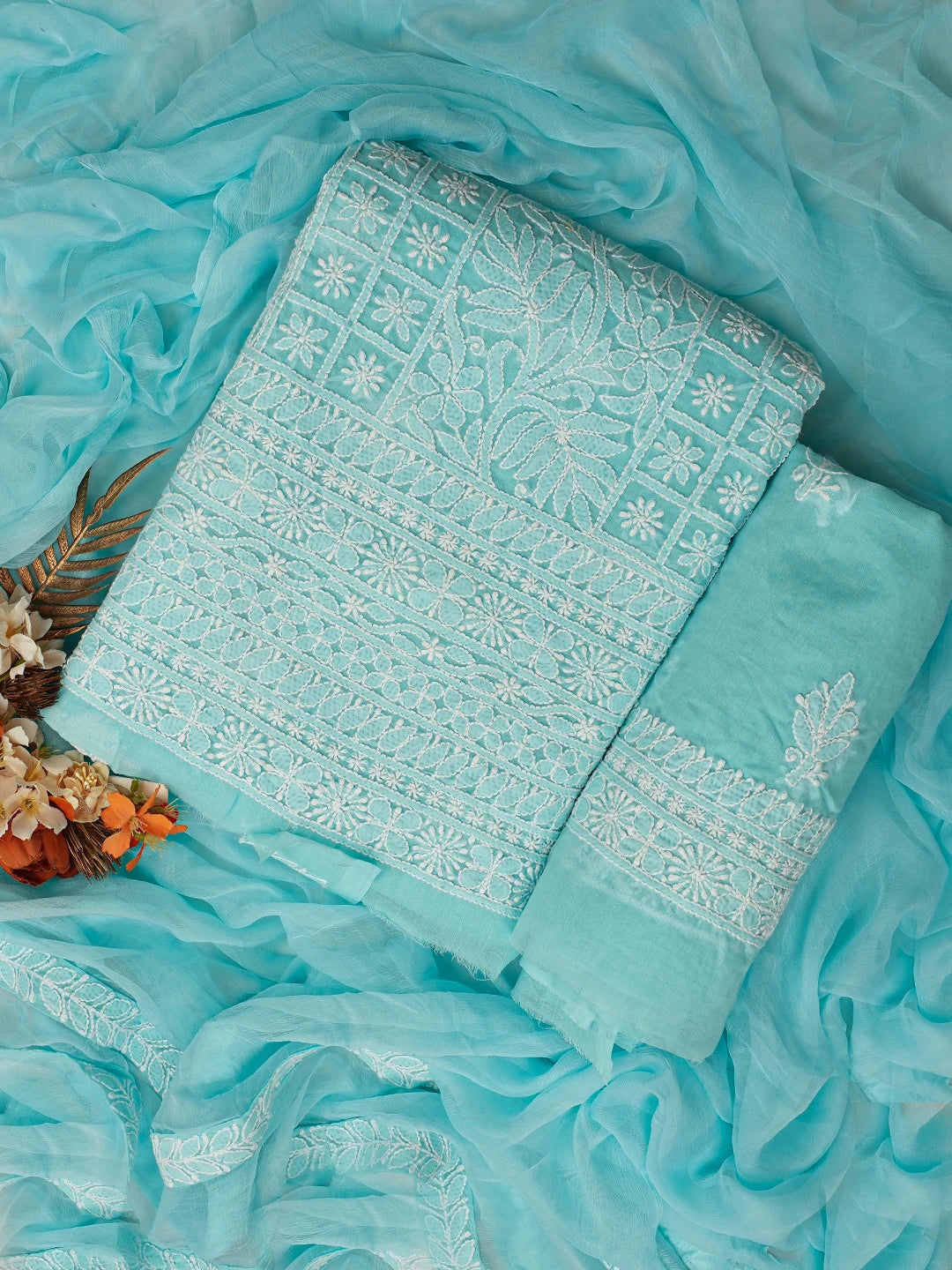 Ada Hand Embroidered Blue Cotton Lucknowi Chikankari Unstitched Suit Piece 01A767095