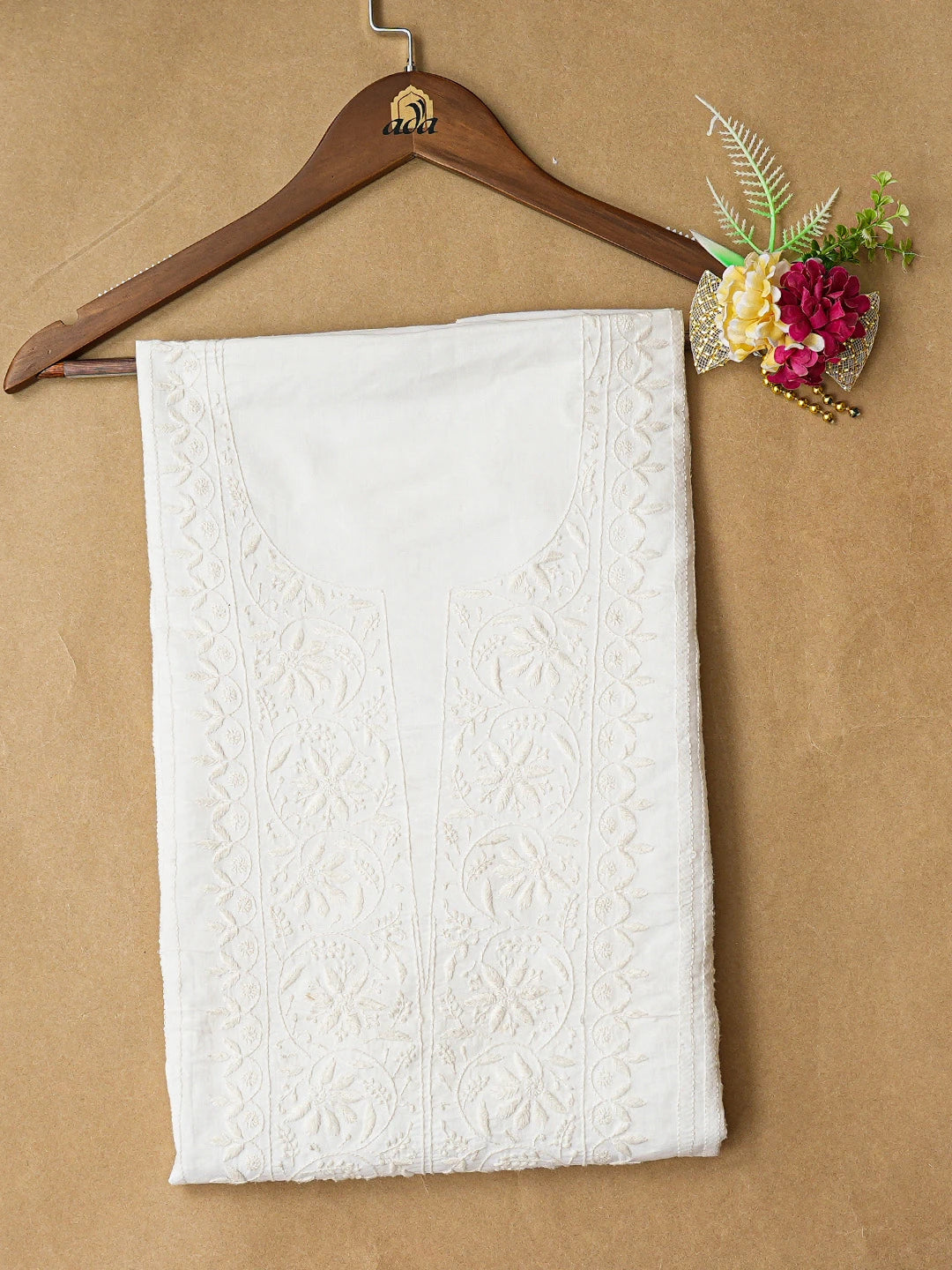 Ada Hand Embroidered White Cotton Lucknowi Chikankari Unstitched Kurta Piece 01A436744