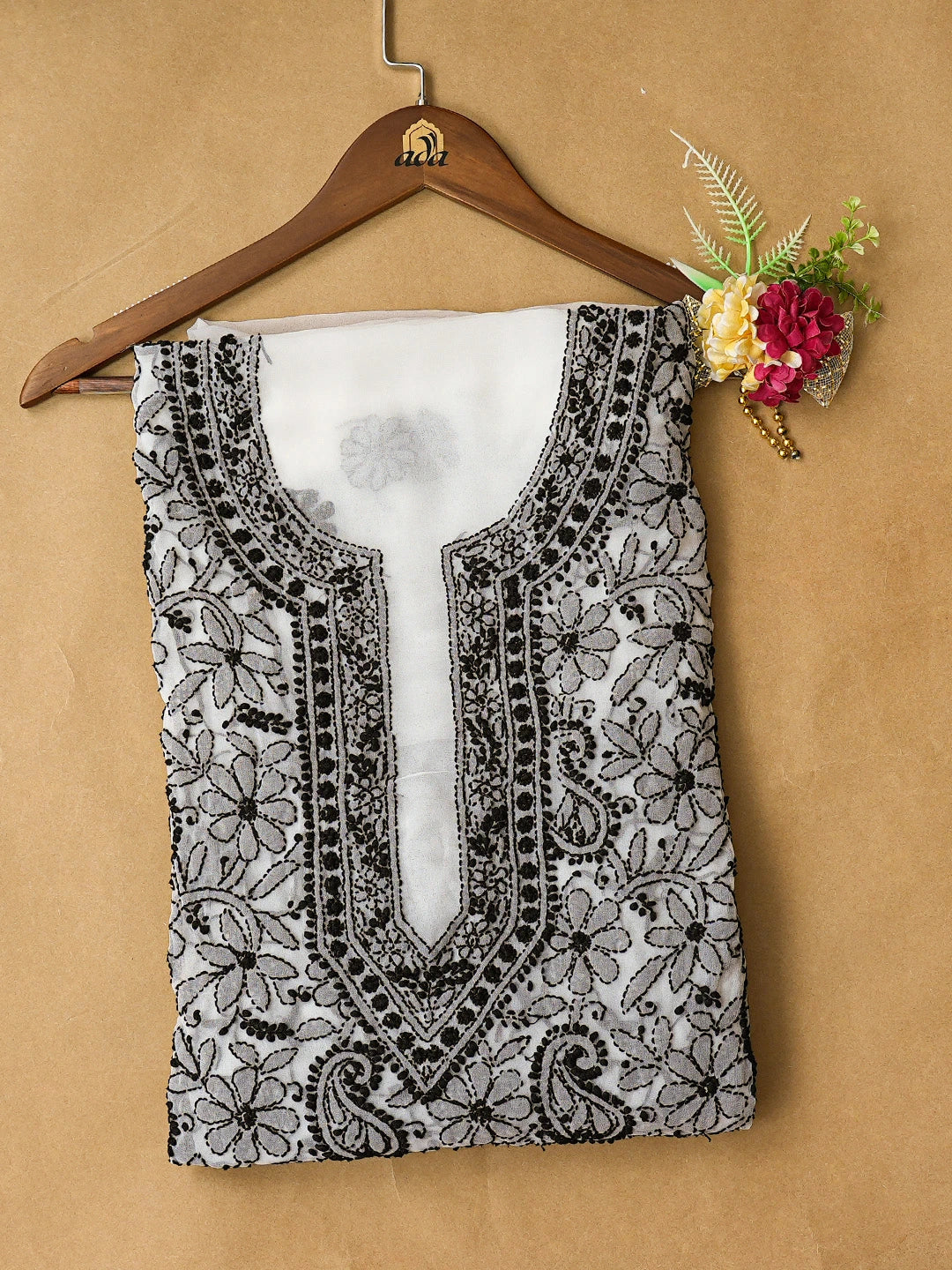 Ada Hand Embroidered White Georgette Lucknowi Chikankari Unstitched Kurta Piece 01A779376