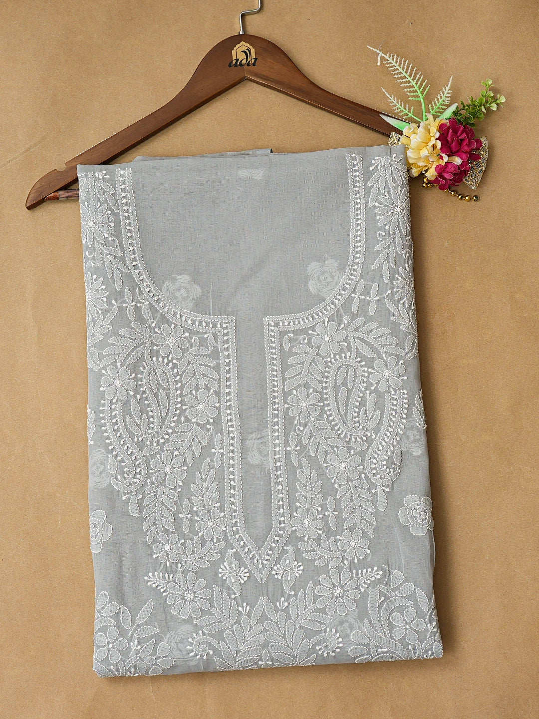Ada Hand Embroidered Grey Cotton Lucknowi Chikankari Unstitched Kurta Piece 01A810370