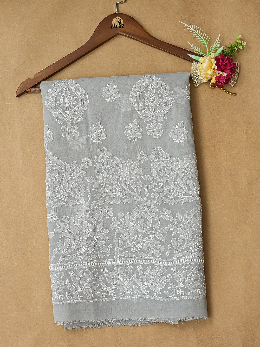 Ada Hand Embroidered Grey Cotton Lucknowi Chikankari Unstitched Kurta Piece 01A810376