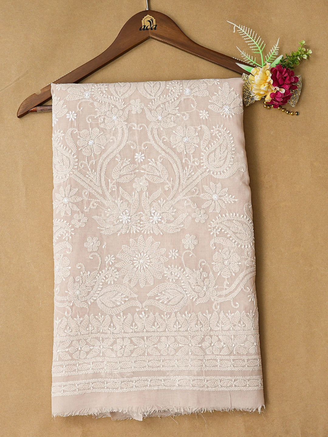 Ada Hand Embroidered Light Dusty Peach Cotton Lucknowi Chikankari Unstitched Kurta Piece 01A810456