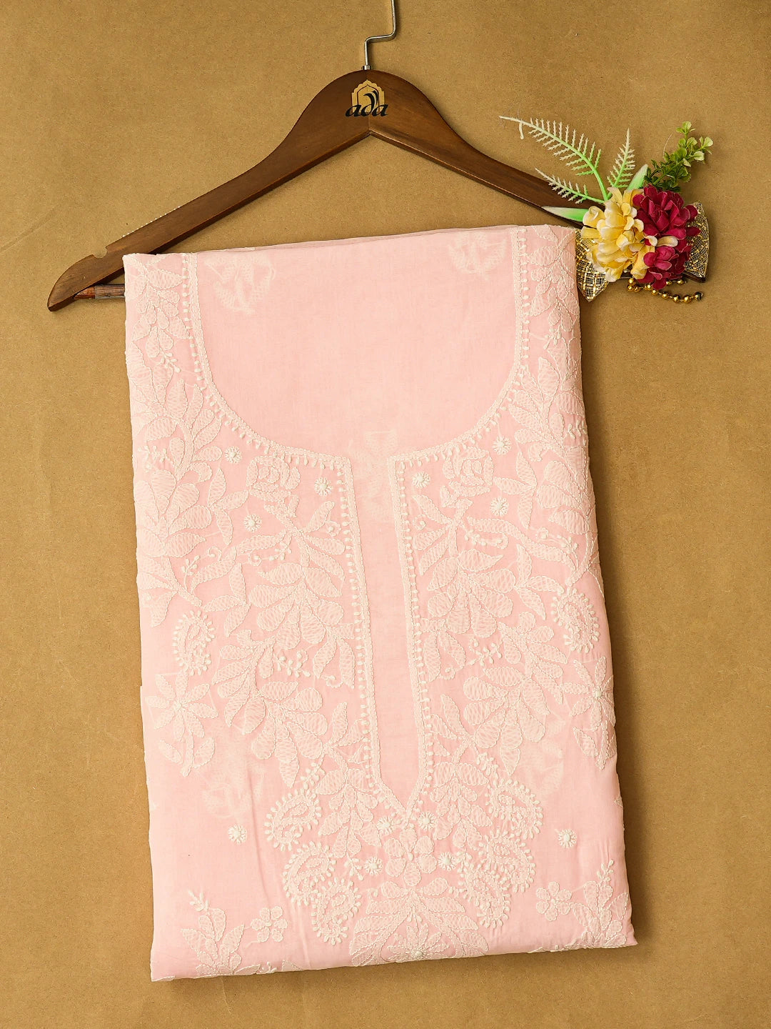 Ada Hand Embroidered Pink Cotton Lucknowi Chikankari Unstitched Kurta Piece 01A810382