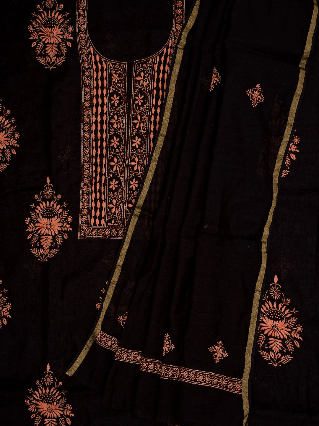 Ada Hand Embroidered Black Chanderi Lucknowi Chikankari Unstitched Kurta Dupatta Set 01A538167