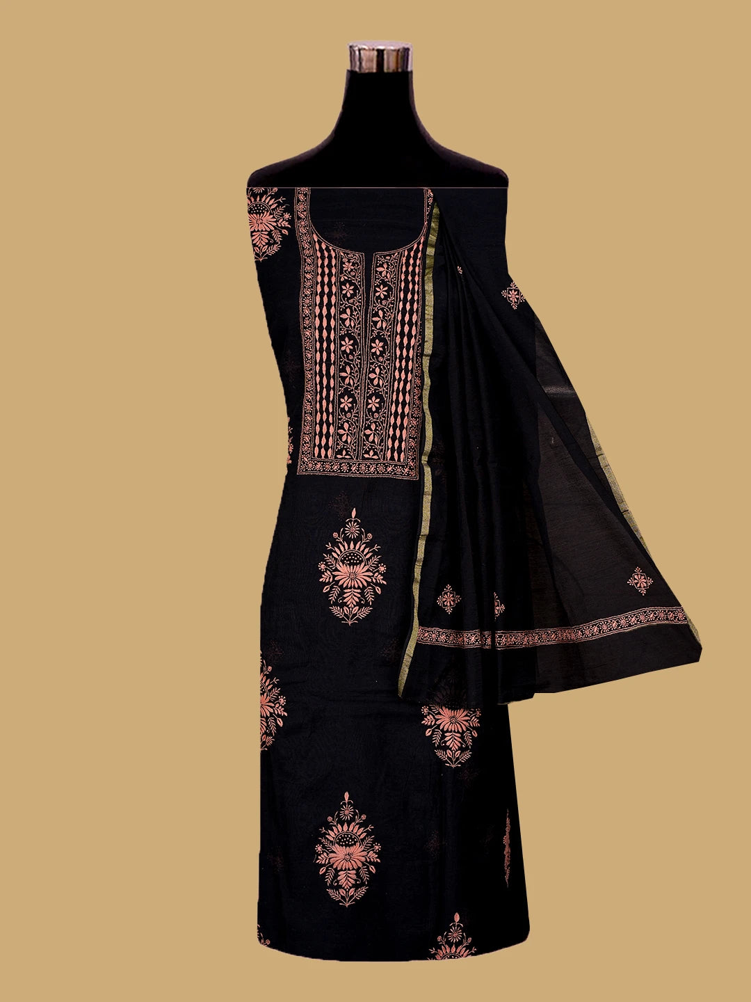 Ada Hand Embroidered Black Chanderi Lucknowi Chikankari Unstitched Kurta Dupatta Set 01A538167