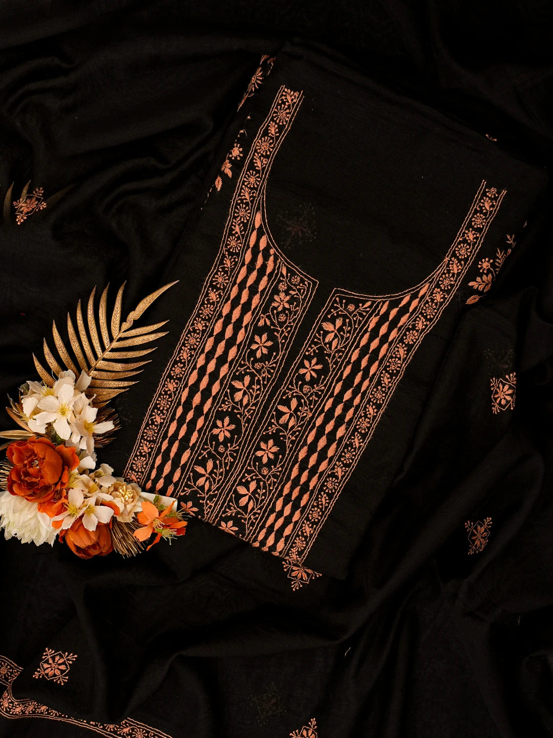 Ada Hand Embroidered Black Chanderi Lucknowi Chikankari Unstitched Kurta Dupatta Set 01A538167